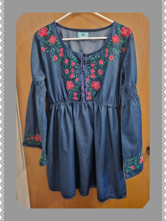 South Main Dresses & Skirts - Embroidered Blue Denim-Style Long Sleeve Dress